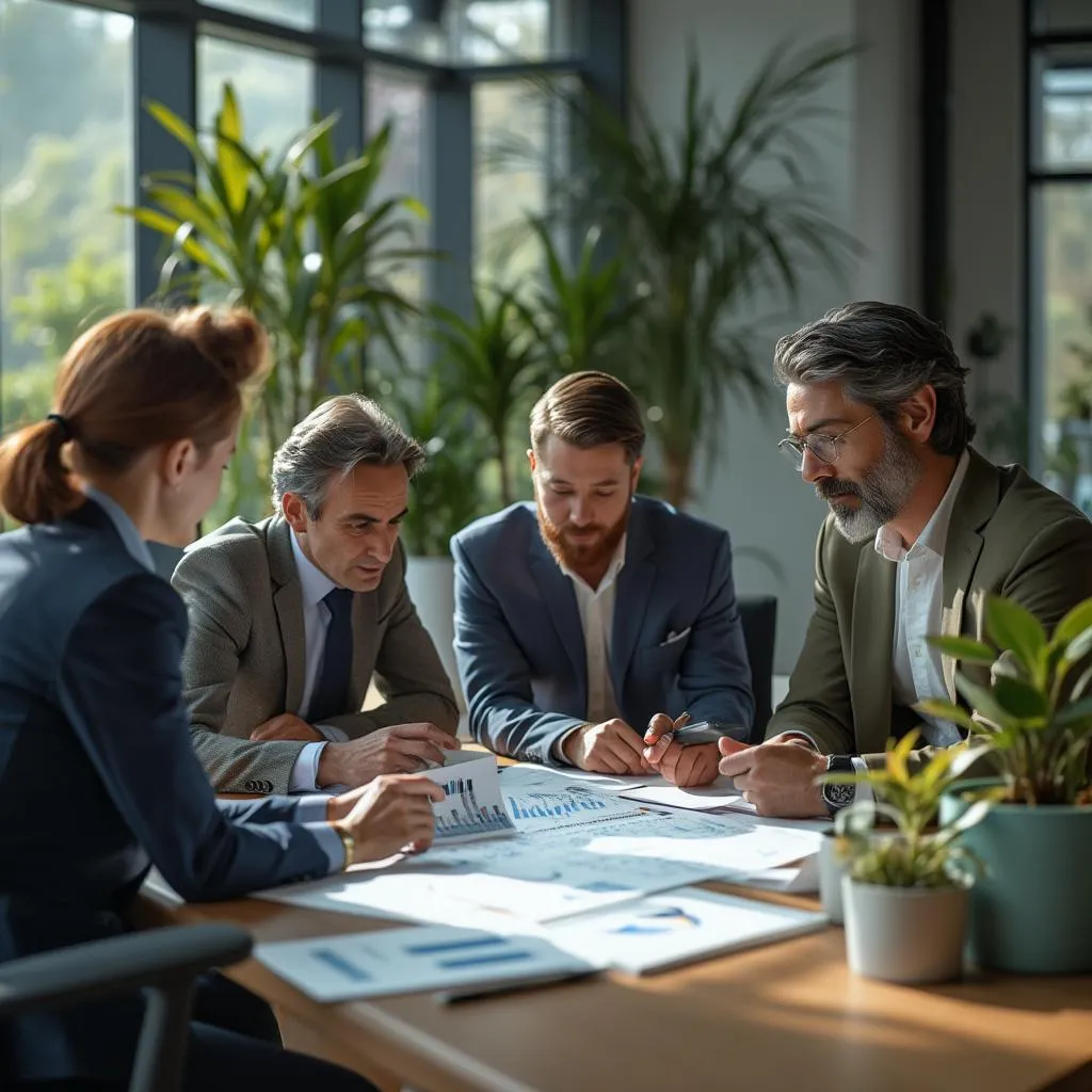 Equipo discutiendo estrategias de inversión en una oficina moderna con plantas.